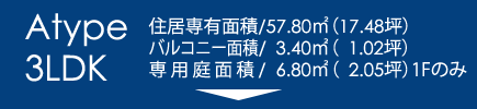 Atype3LDK｜住居専有面積/57.80㎡（17.48坪）バルコニー面積/　3.40㎡（1.02坪）専用庭面積/6.80㎡（2.05坪）1Fのみ