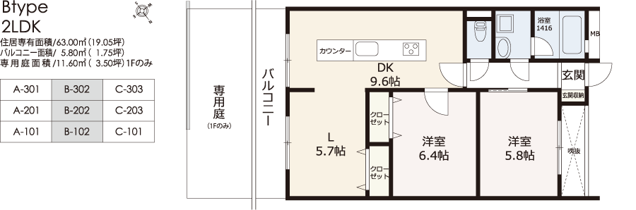 Btype2LDK｜住居専有面積/63.00㎡（19.05坪）バルコニー面積/　5.80㎡（1.75坪）専用庭面積/11.60㎡（3.50坪）1Fのみ